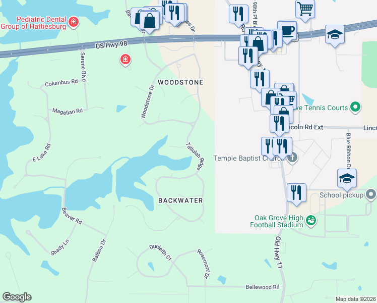 map of restaurants, bars, coffee shops, grocery stores, and more near 122 Tallulah Ridge in Hattiesburg
