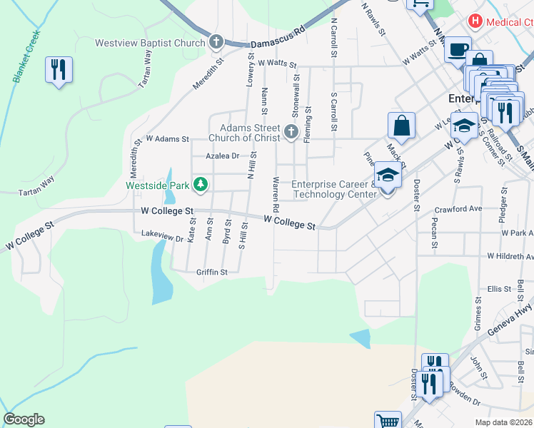 map of restaurants, bars, coffee shops, grocery stores, and more near 101 Warren Road in Enterprise