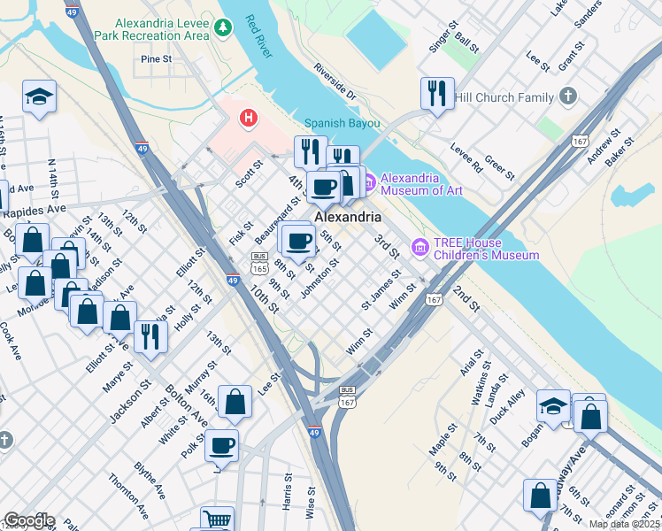 map of restaurants, bars, coffee shops, grocery stores, and more near Johnston Street in Alexandria