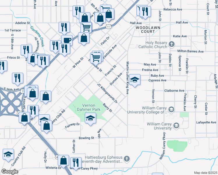 map of restaurants, bars, coffee shops, grocery stores, and more near 610 Dumas Avenue in Hattiesburg