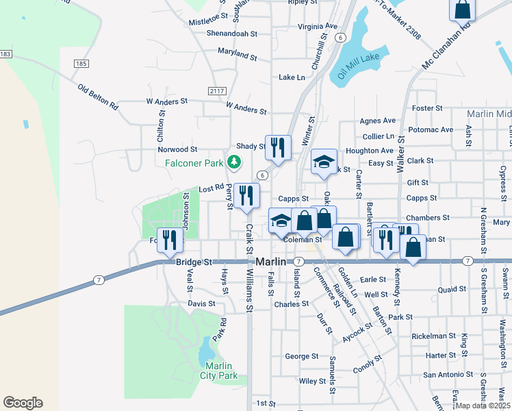 map of restaurants, bars, coffee shops, grocery stores, and more near 405 Ward Street in Marlin