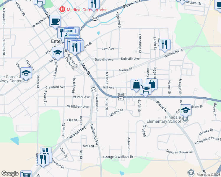map of restaurants, bars, coffee shops, grocery stores, and more near 205 Mill Avenue in Enterprise