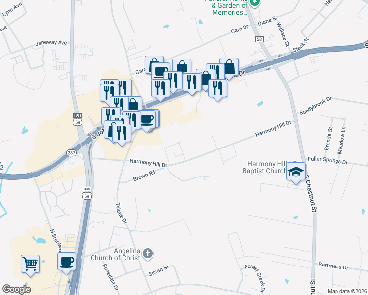 map of restaurants, bars, coffee shops, grocery stores, and more near 112 Shady Springs Bend in Lufkin