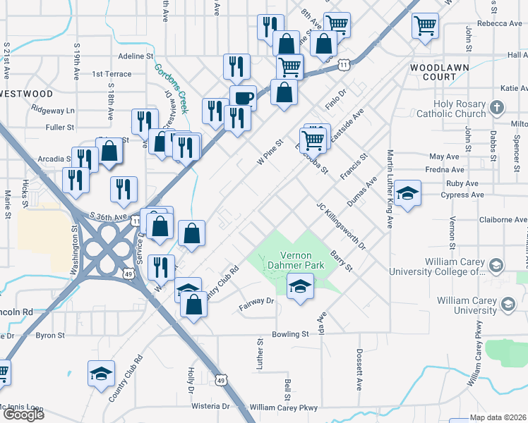 map of restaurants, bars, coffee shops, grocery stores, and more near 108 Graham Avenue in Hattiesburg