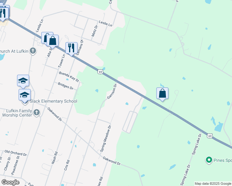 map of restaurants, bars, coffee shops, grocery stores, and more near 347 Garrison Drive in Lufkin