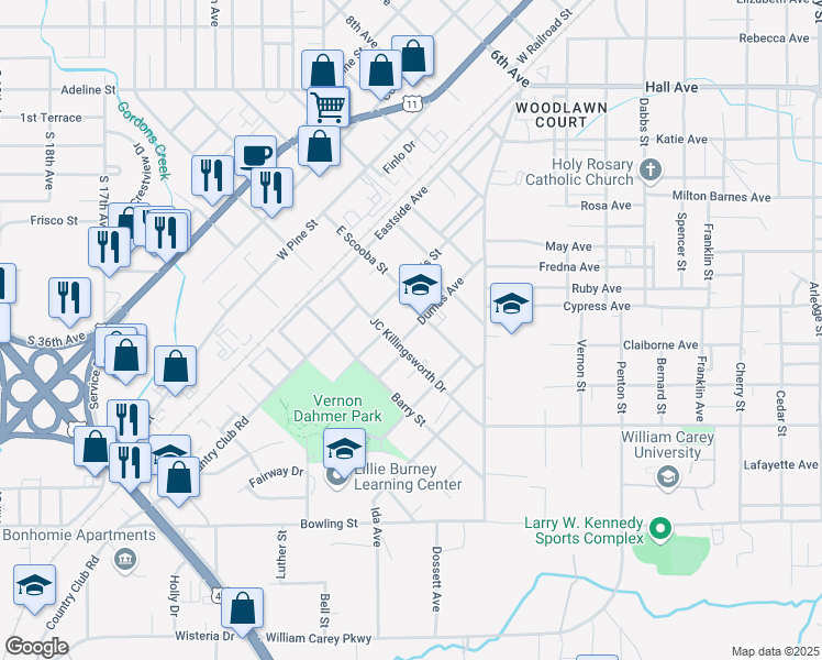 map of restaurants, bars, coffee shops, grocery stores, and more near 610 Dumas Avenue in Hattiesburg