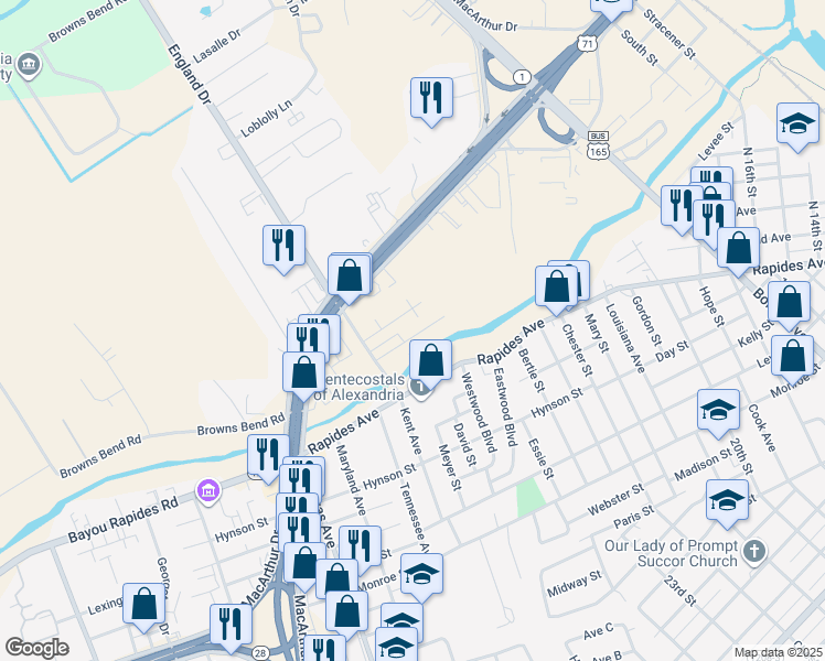 map of restaurants, bars, coffee shops, grocery stores, and more near 2715 Bayou View Drive in Alexandria