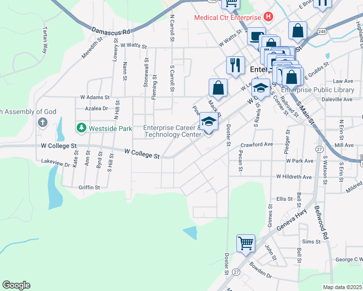 map of restaurants, bars, coffee shops, grocery stores, and more near 706 W College St in Enterprise