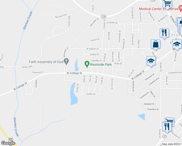 map of restaurants, bars, coffee shops, grocery stores, and more near 1313 West College Street in Enterprise