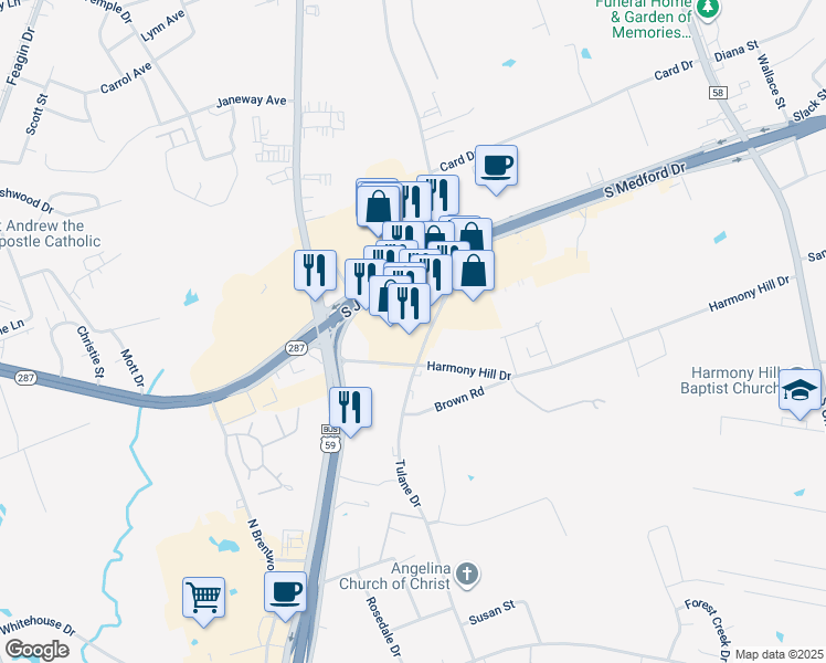 map of restaurants, bars, coffee shops, grocery stores, and more near in Lufkin