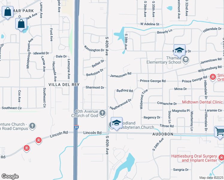 map of restaurants, bars, coffee shops, grocery stores, and more near 117 Bedford Road in Hattiesburg