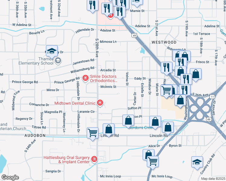 map of restaurants, bars, coffee shops, grocery stores, and more near 103 Fox Chase in Hattiesburg