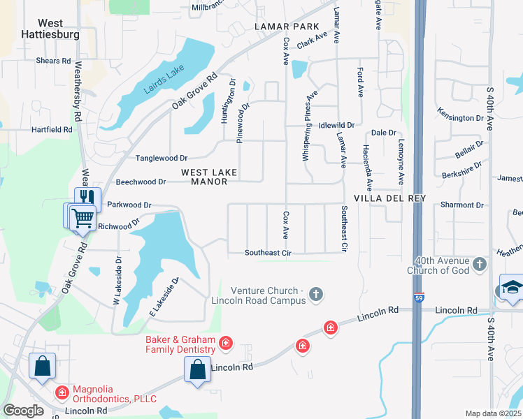 map of restaurants, bars, coffee shops, grocery stores, and more near 600 Cedarwood Drive in Hattiesburg