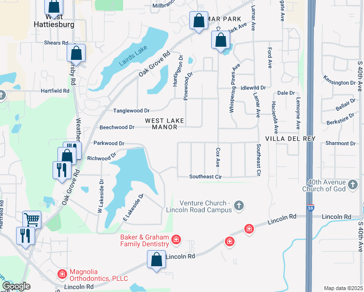 map of restaurants, bars, coffee shops, grocery stores, and more near 931 Southeast Circle in Hattiesburg