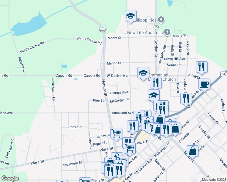 map of restaurants, bars, coffee shops, grocery stores, and more near 416 Hillcrest Boulevard in Blackshear