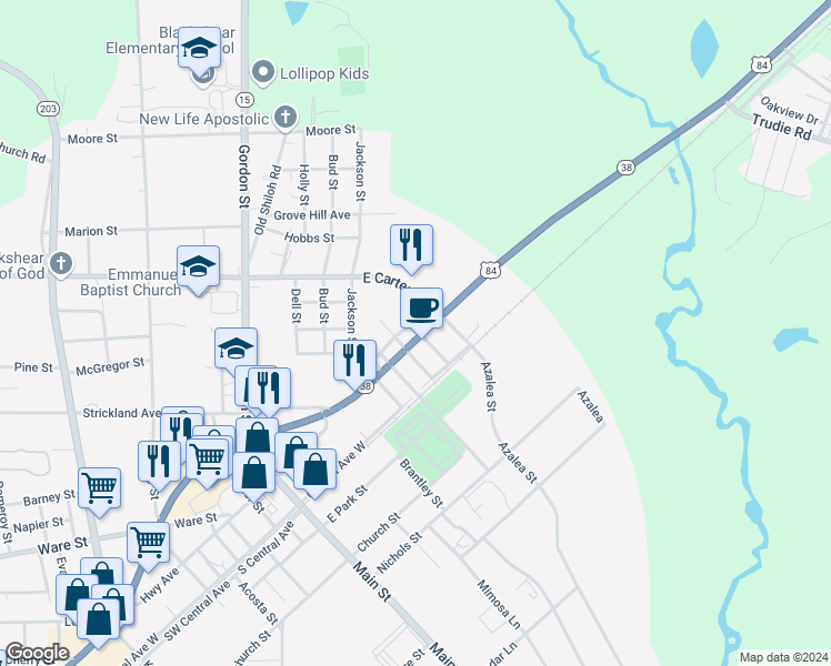 map of restaurants, bars, coffee shops, grocery stores, and more near 3728 U.S. 84 in Blackshear