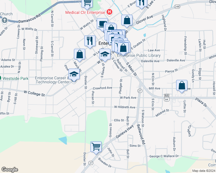 map of restaurants, bars, coffee shops, grocery stores, and more near 402 Crawford Avenue in Enterprise