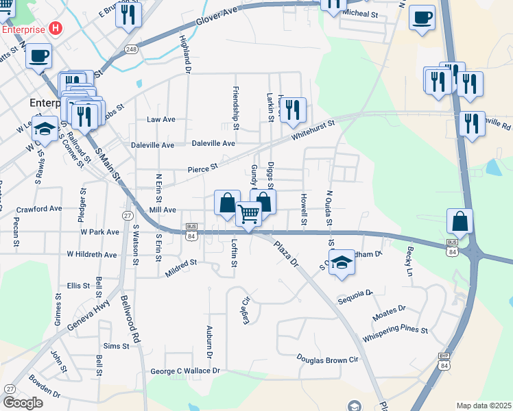 map of restaurants, bars, coffee shops, grocery stores, and more near 507 Mill Ave in Enterprise