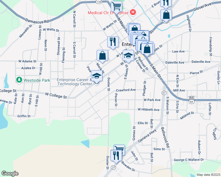 map of restaurants, bars, coffee shops, grocery stores, and more near 111 Doster Street in Enterprise