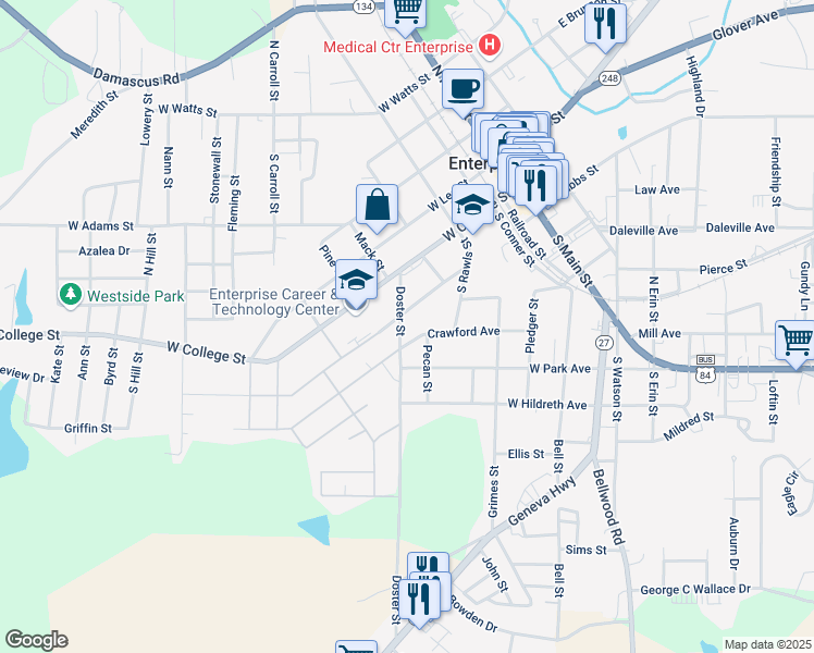 map of restaurants, bars, coffee shops, grocery stores, and more near 111 Doster Street in Enterprise