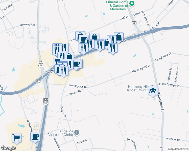map of restaurants, bars, coffee shops, grocery stores, and more near 112 Shady Springs Bend in Lufkin