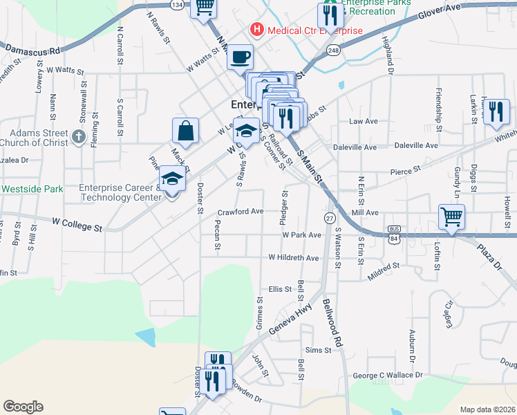 map of restaurants, bars, coffee shops, grocery stores, and more near 402 Crawford Avenue in Enterprise