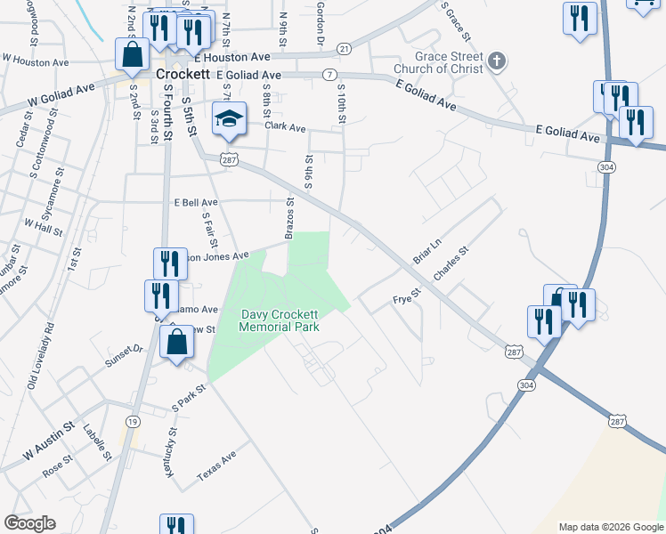 map of restaurants, bars, coffee shops, grocery stores, and more near 608 Mayflower Lane in Crockett