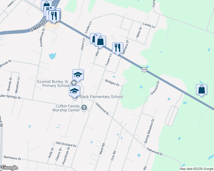 map of restaurants, bars, coffee shops, grocery stores, and more near 160 Bridges Drive in Lufkin