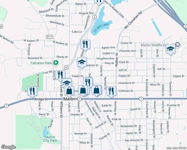 map of restaurants, bars, coffee shops, grocery stores, and more near 322 Capps Street in Marlin