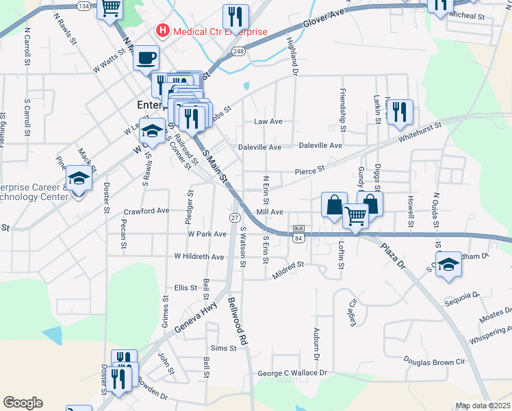 map of restaurants, bars, coffee shops, grocery stores, and more near 501 South Main Street in Enterprise