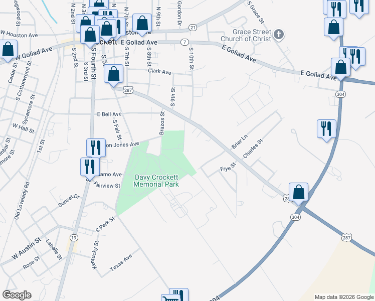 map of restaurants, bars, coffee shops, grocery stores, and more near 608 Mayflower Lane in Crockett