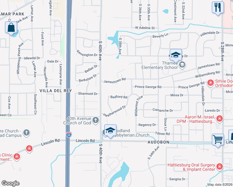 map of restaurants, bars, coffee shops, grocery stores, and more near 109 Bedford Road in Hattiesburg
