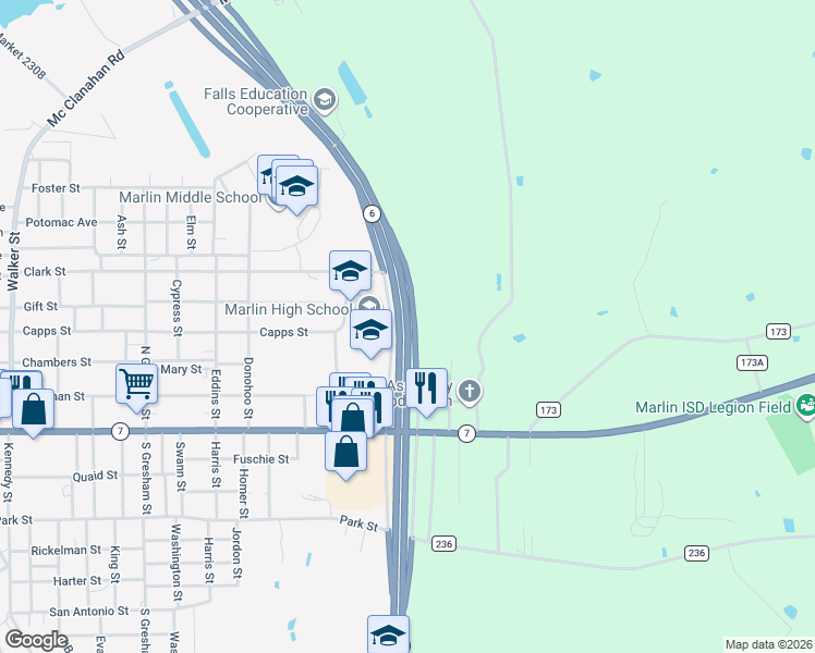 map of restaurants, bars, coffee shops, grocery stores, and more near Highway 6 in Marlin