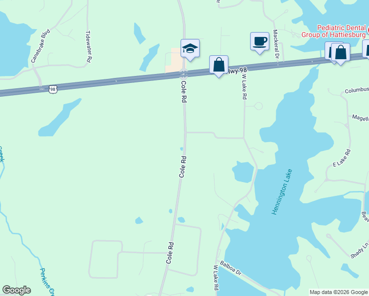 map of restaurants, bars, coffee shops, grocery stores, and more near 105 Dogwood Drive in Hattiesburg