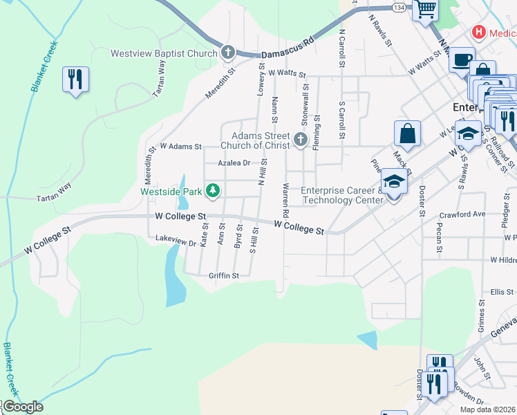 map of restaurants, bars, coffee shops, grocery stores, and more near 173-199 South Hill Street in Enterprise