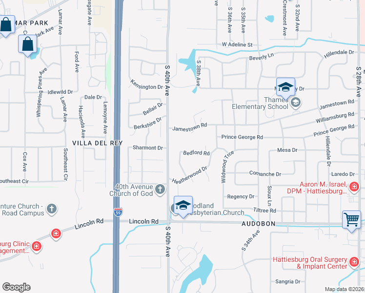 map of restaurants, bars, coffee shops, grocery stores, and more near 117 Bedford Road in Hattiesburg