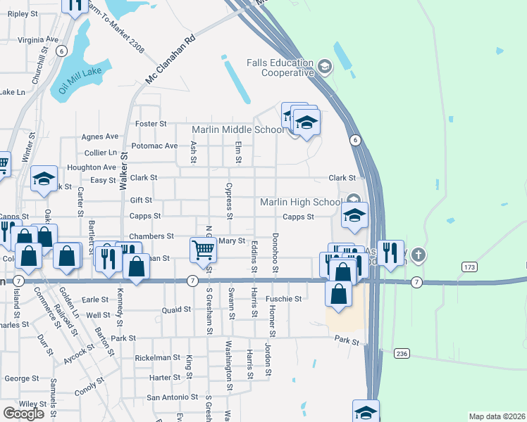 map of restaurants, bars, coffee shops, grocery stores, and more near 920 Capps Street in Marlin