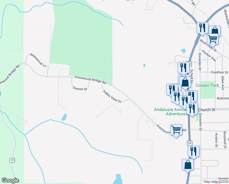 map of restaurants, bars, coffee shops, grocery stores, and more near 1209-1219 Valley View Drive in Andalusia