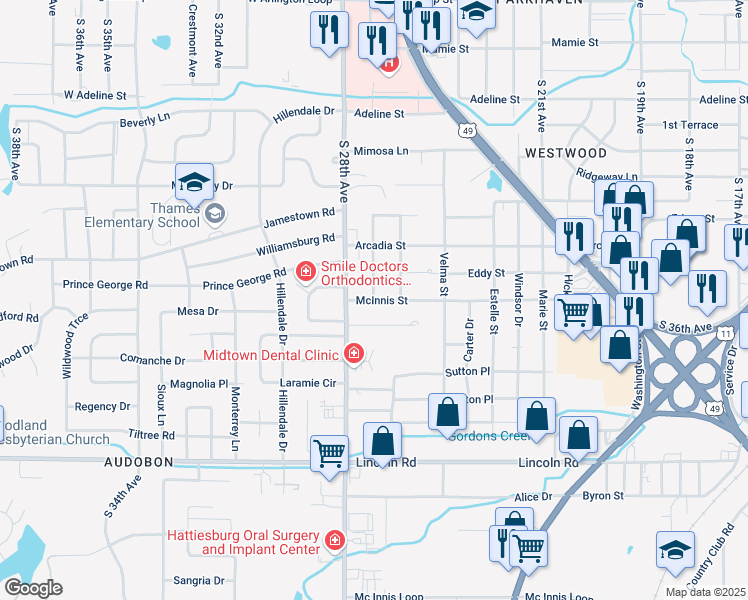 map of restaurants, bars, coffee shops, grocery stores, and more near 2696 McInnis Street in Hattiesburg