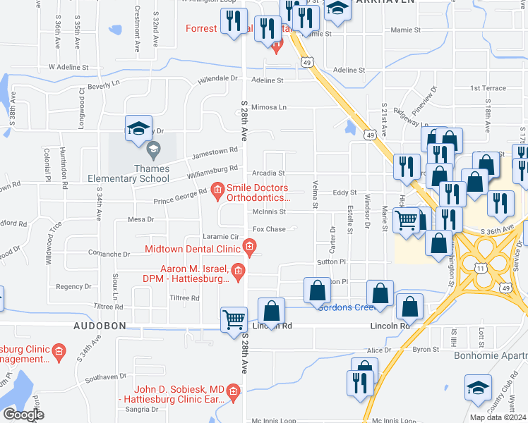 map of restaurants, bars, coffee shops, grocery stores, and more near 2704 McInnis Street in Hattiesburg