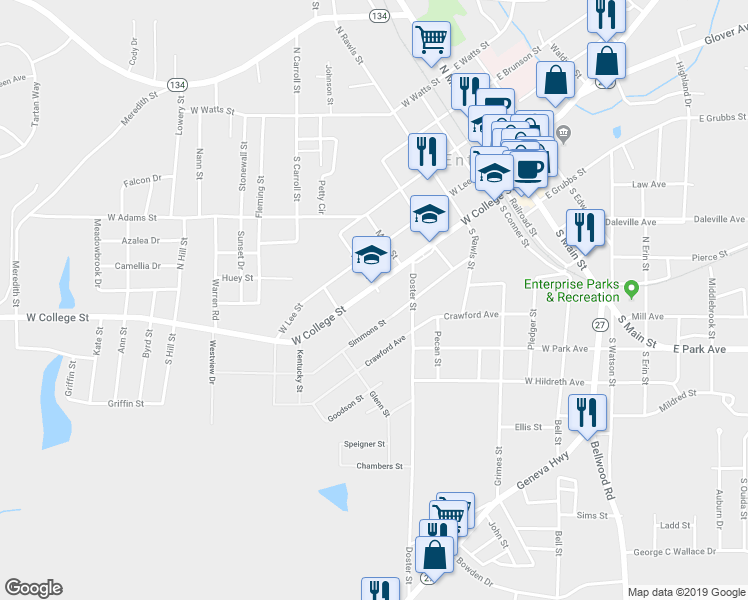 map of restaurants, bars, coffee shops, grocery stores, and more near 605 West College Street in Enterprise