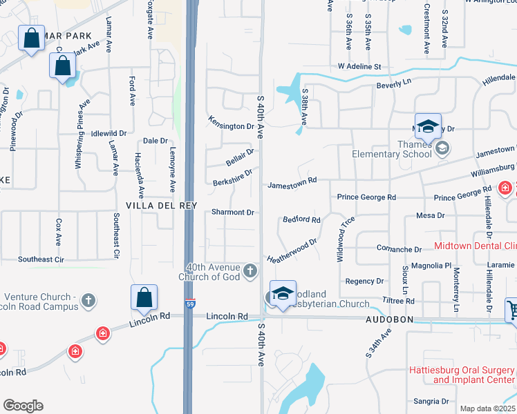 map of restaurants, bars, coffee shops, grocery stores, and more near 117 Bedford Road in Hattiesburg