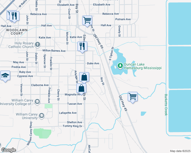 map of restaurants, bars, coffee shops, grocery stores, and more near 7 Cypress Avenue in Hattiesburg