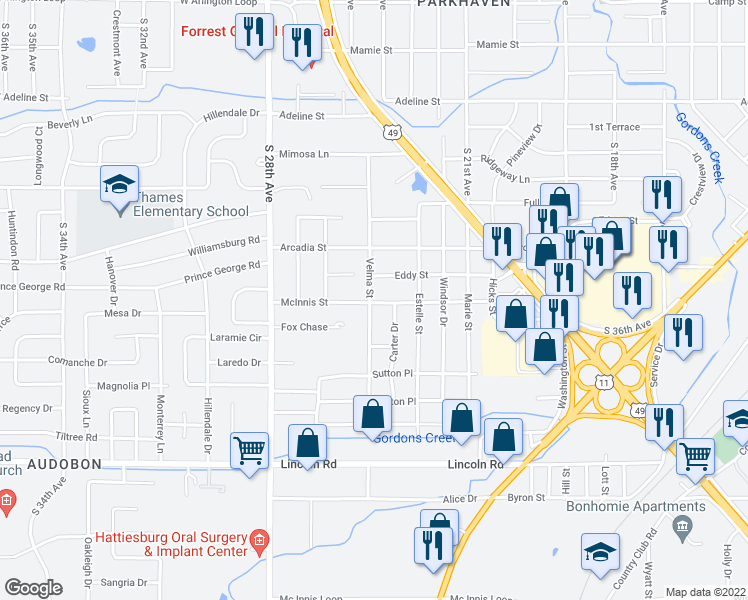 map of restaurants, bars, coffee shops, grocery stores, and more near 2320 McInnis Street in Hattiesburg