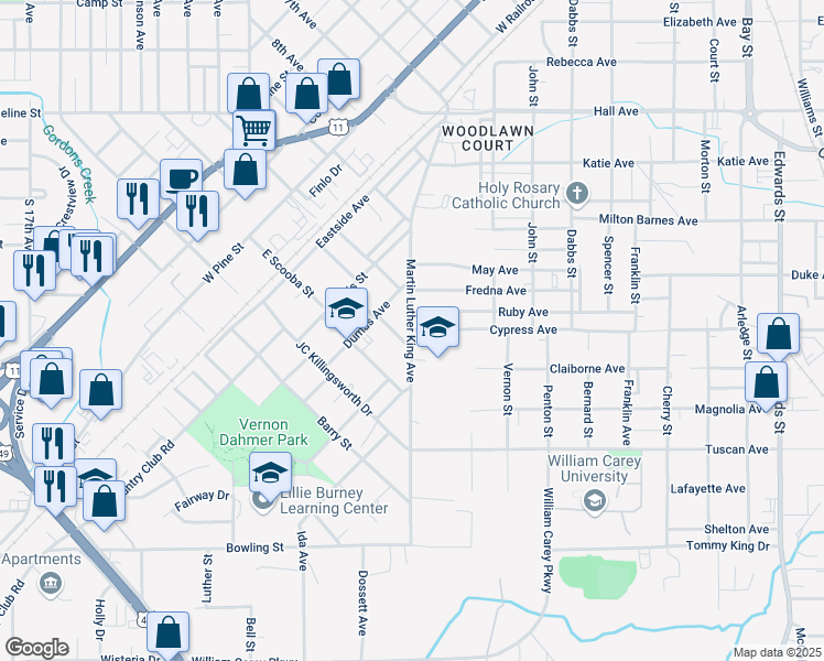 map of restaurants, bars, coffee shops, grocery stores, and more near Martin Luther King Avenue in Hattiesburg