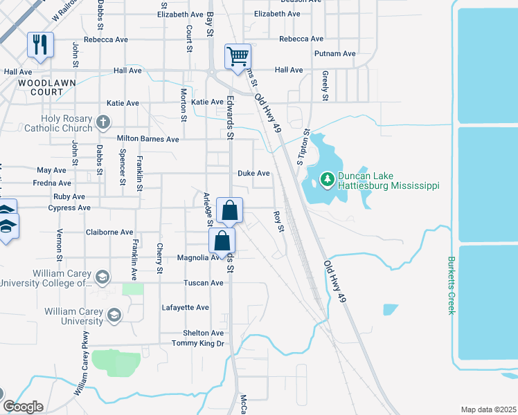 map of restaurants, bars, coffee shops, grocery stores, and more near 7 Cypress Avenue in Hattiesburg