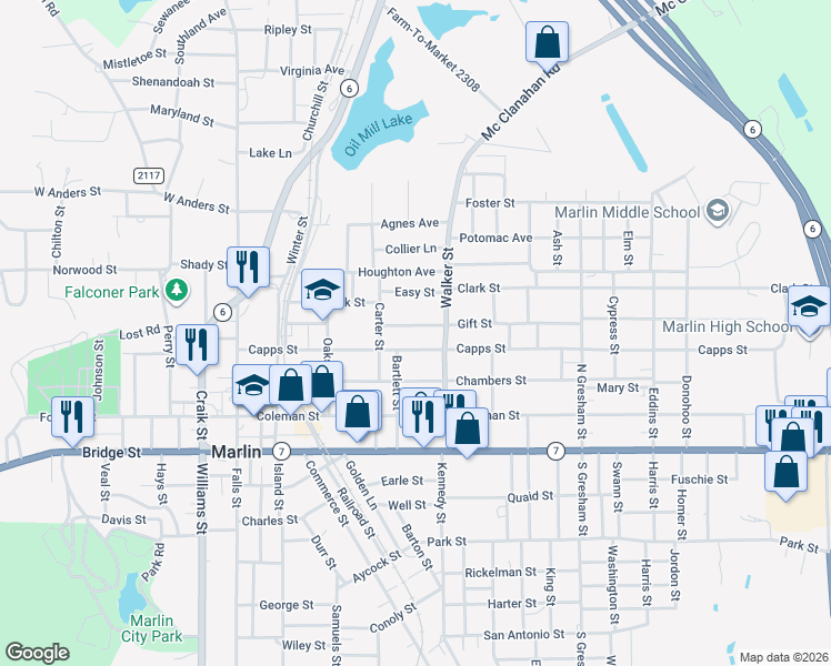 map of restaurants, bars, coffee shops, grocery stores, and more near 426 Capps Street in Marlin