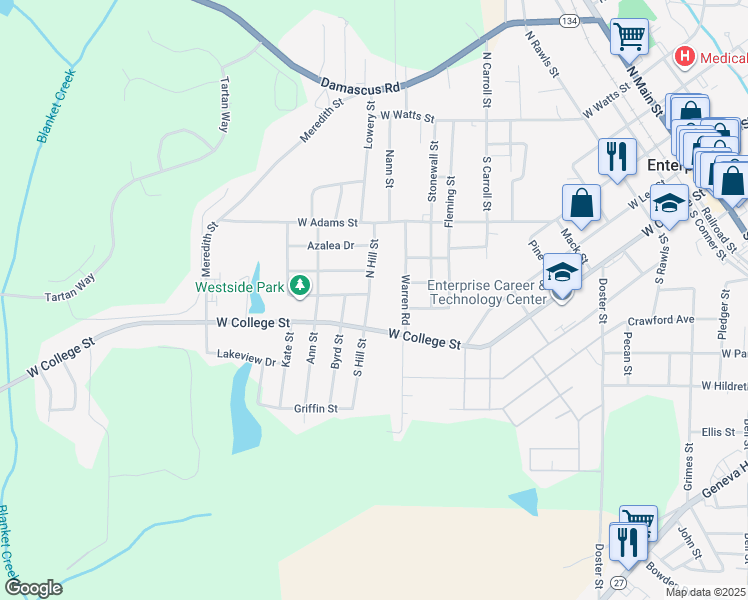 map of restaurants, bars, coffee shops, grocery stores, and more near 102 South Hill Street in Enterprise