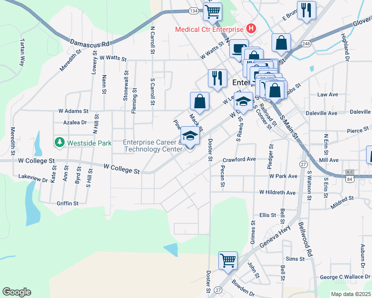 map of restaurants, bars, coffee shops, grocery stores, and more near 605 West College Street in Enterprise