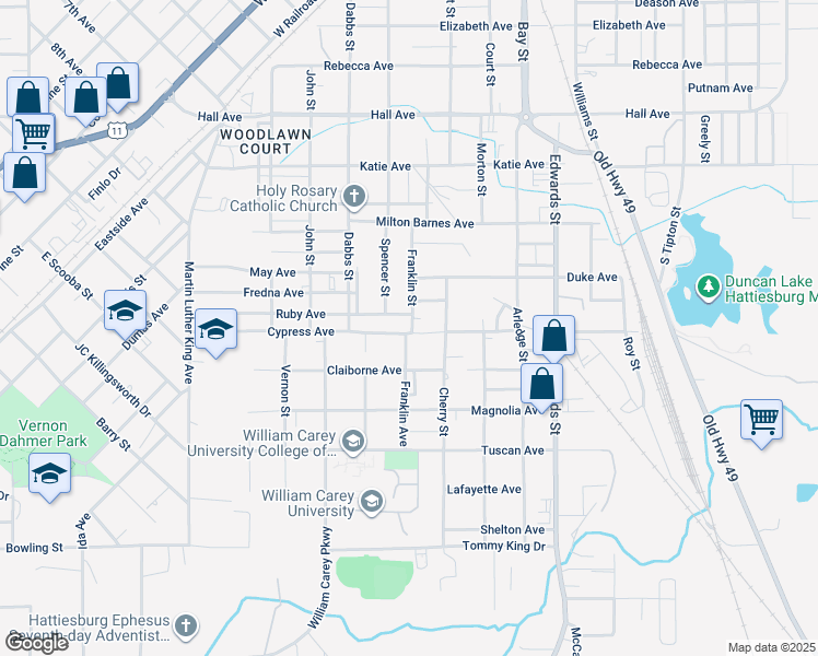 map of restaurants, bars, coffee shops, grocery stores, and more near 422 Cypress Avenue in Hattiesburg
